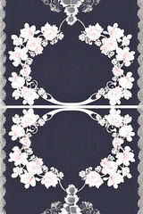 playing card / tarot card reverse side art, card back pattern or wedding stationery / card design - pale pink/white flowers on a dark slate blue/gray background with white lace doily design