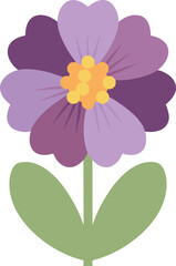 Flat Design Cute Purple Flower with Green Stem and Leaves Illustration