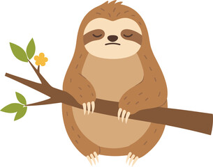 Flat Cartoon Sloth Illustration Hanging on Tree Branch Animal Design