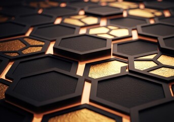 Fototapeta premium Abstract Closeup of Black Hexagons with Gold Fillings, Modern Decorative Surface
