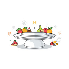 A delightful assortment of fresh fruits and a tempting cake are beautifully presented on a serving stand for a celebration.