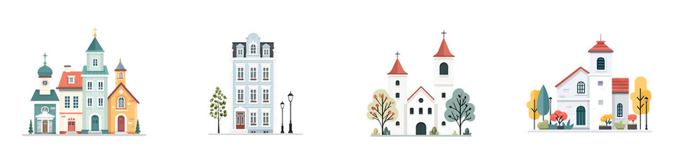 Fototapeta premium Cityscape Buildings Illustration: Colorful City and Churches Architecture