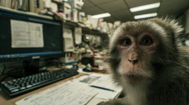 Curious monkey sitting on desk in office with computer and scattered papers creating a lively yet chaotic workspace atmosphere full of engaging elements and distractions.