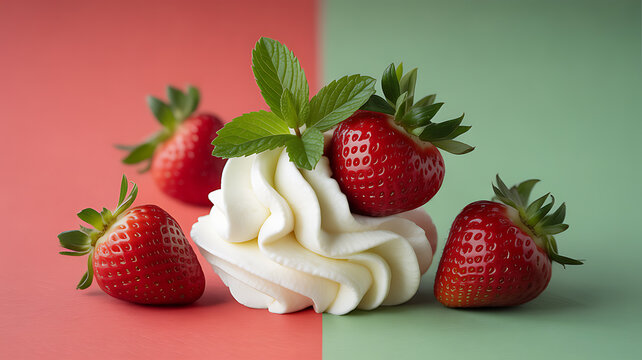 Fresh strawberries and whipped cream with mint leaves on a split red and green background