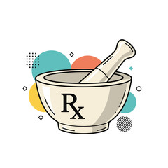 A mortar and pestle with the Rx symbol sits on a colorful background.
