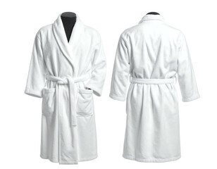 White robe, front and back views, on mannequins