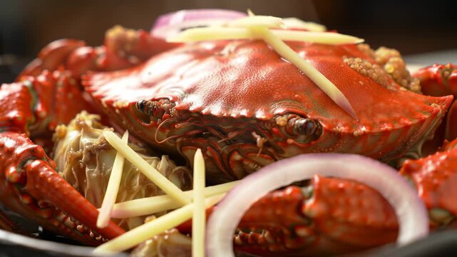 Close-up of a cooked crab with ginger and onion