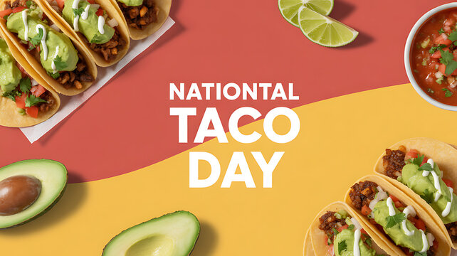 National Taco Day celebration featuring tacos with avocado, lime, and salsa on a colorful background