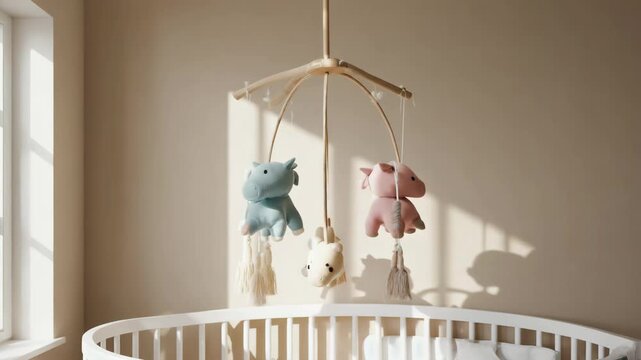 Close up view of baby room with crib and carousel mobile hanging over the bed. Nursery interior.