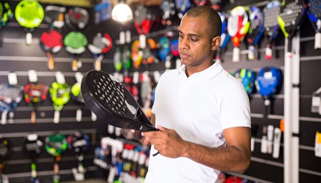 Man Choosing Padel Racket in Sports Store