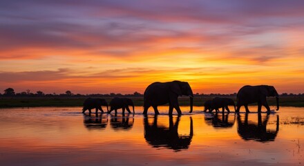 Fototapeta premium Elephants at sunset crossing river
