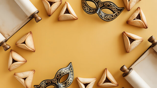 Hamantaschen cookies, carnival masks, and scrolls arranged in a circular pattern on a warm yellow background