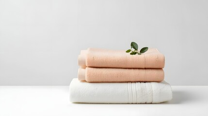 Stack of soft spa towels in white and peach color with fresh green leaves on light background, symbolizing cleanliness, relaxation, skincare routine, wellness, natural hygiene and eco friendly lifesty