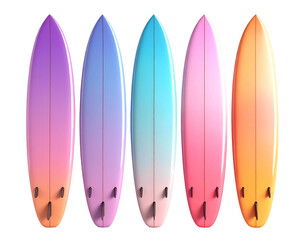 Four colorful surfboards in a gradient of vibrant hues, from purple to orange
