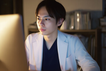 A Young Asian male doctor is working late at night at a computer in a hospital office. The light from the screen illuminates his serious expression, conveying his dedication to the medical profession.