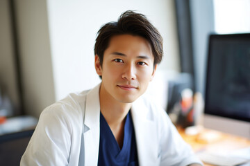 A young Asian doctor wearing a white coat and scrubs is sitting at his desk. He has a friendly smile and conveys trust and cleanliness. The photo is ideal for themes in medicine, health, or business.