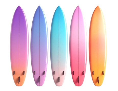 Four colorful surfboards in a gradient of vibrant hues, from purple to orange