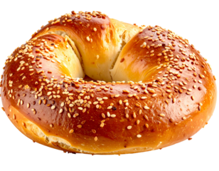 Round, golden-brown pretzel, sesame seeds