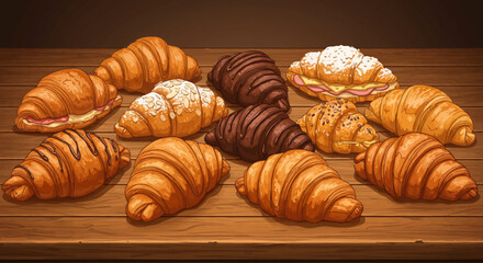 A tempting digital illustration showcasing a diverse selection of freshly baked artisanal croissants, from sweet to savory, arranged invitingly on a bakery counter. 