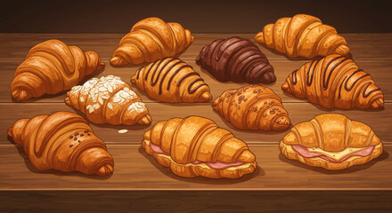 A tempting digital illustration showcasing a diverse selection of freshly baked artisanal croissants, from sweet to savory, arranged invitingly on a bakery counter. 