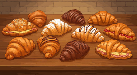 A tempting digital illustration showcasing a diverse selection of freshly baked artisanal croissants, from sweet to savory, arranged invitingly on a bakery counter. 
