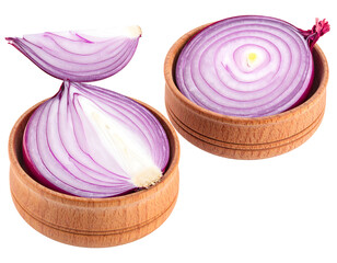Two halves of a red onion in shallow wooden bowls