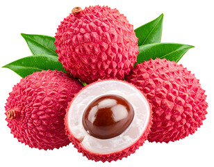 Three vibrant pink lychees, one halved,  displaying the sweet white flesh and dark seed.  Green leaves surround