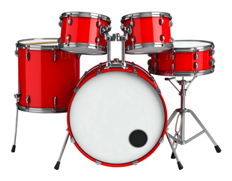 Red drum set, glossy finish, isolated on black