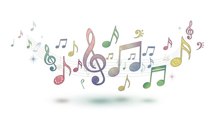 Colorful music notes dancing on a white background, creating a vibrant and joyful atmosphere, isolated on white background
