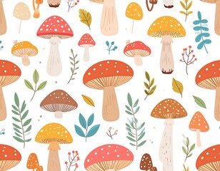 Autumnal mushroom pattern with foliage