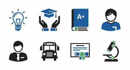 Education Icon Set: a collection of diverse icons symbolizing education, encompassing a lightbulb, graduation cap, book, person, school bus, certificate, and microscope. This set embodies knowledge.