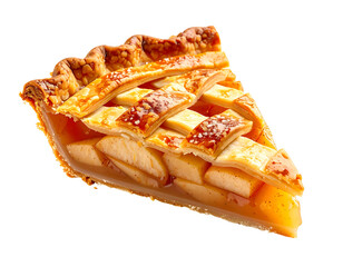 Close-up of a golden-brown apple pie slice, with a flaky crust and visible filling