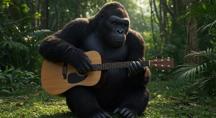 Gorilla playing guitar in jungle