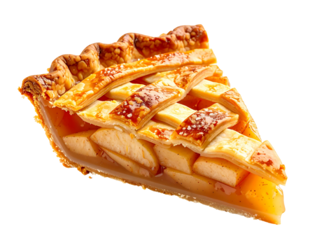 Close-up of a golden-brown apple pie slice, with a flaky crust and visible filling