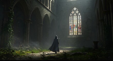 Cloaked Figure Walking in Medieval Stone Courtyard