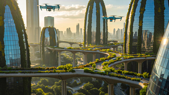 Futuristic city with green architecture and drones flying above elevated roadways