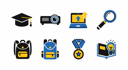Education Elements: A dynamic collection of icons representing education, including mortarboard, laptop, backpack, books, and other symbolic objects. 