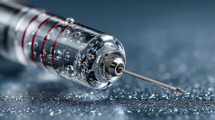 precision and sterility of an injection needle. The focus is on the needle tip, which is shown in sharp detail against a clean, blurred background