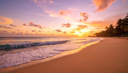 Serene Tropical Sunset with Luminous Pastel Sky and Golden Waves