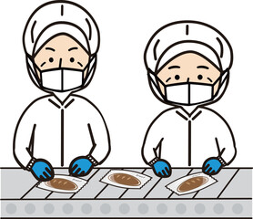 パン工場のラインで検品作業をするミドルからシニア世代の男性と女性