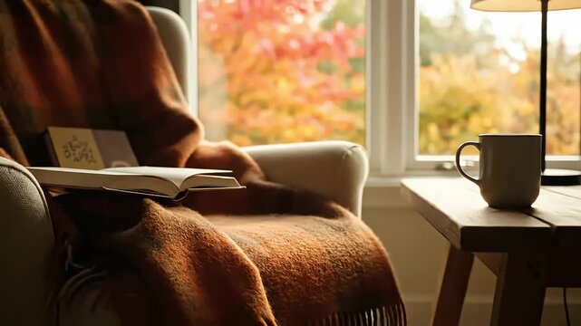 Cozy autumn relaxation reading book at home with warm blanket and coffee cup near window overlooking fall foliage