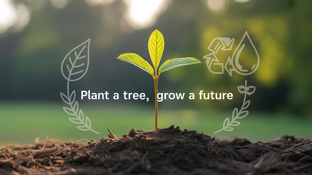 A young sapling growing from soil with the message 'Plant a tree, grow a future' and environmental symbols in the background.