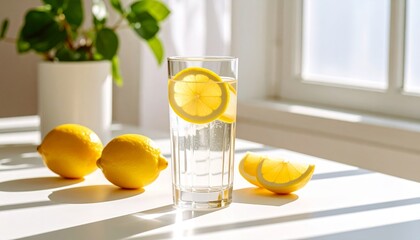 Sunlit Still Life: Refreshing Lemon Water with Strong Morning Shadows