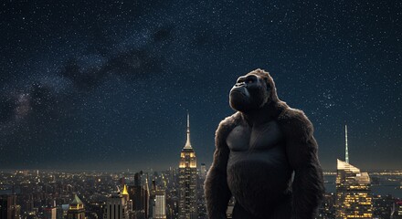 Large gorilla above cityscape at night