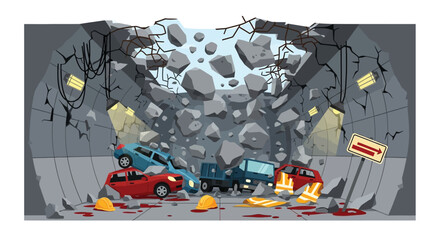 Collapsed Tunnel Cars Crushed by Falling Rocks Disaster Scene Depicted.