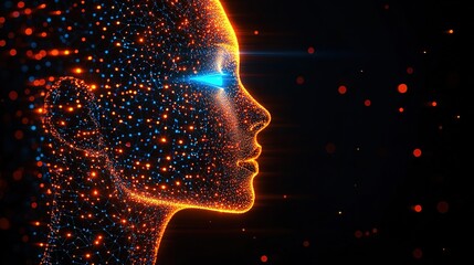 Side View of Humanoid Head with Neon Neural Network and Blue-Yellow Eyes, Representing Futuristic Technology and Artificial Intelligence (Generative AI)