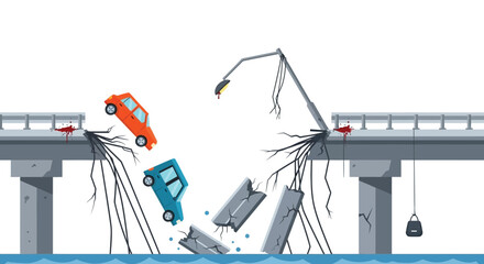 Collapsed Bridge with Cars and a Lamppost in a Dramatic Accident Scene.
