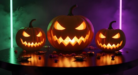 Fototapeta premium Spooky Halloween Jack-o'-Lanterns with Candy on Table