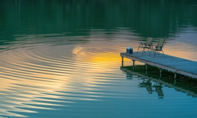 Calm lake at sunset, wooden dock with chairs