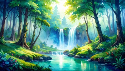 Luminous Waterfall in an Enchanted Forest Clearing with Sunbeams